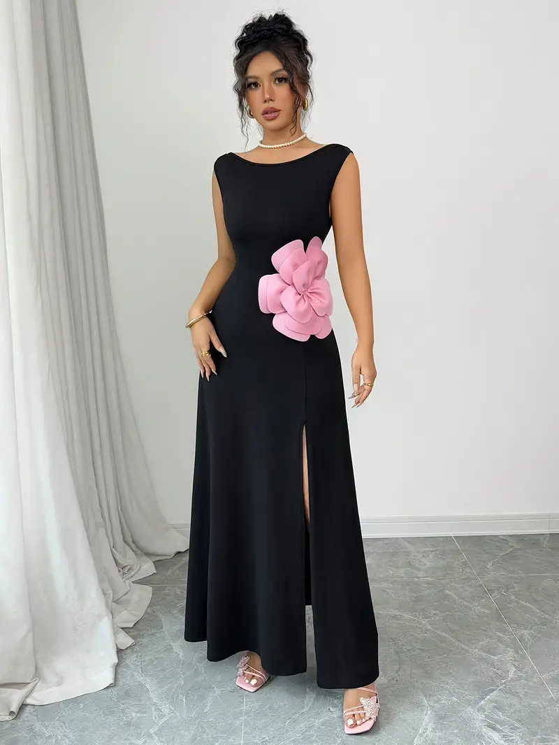 black dress with large pink flowers Habila Floral Embroidered Modest Long Maxi Dress - Black/ Pink | Modest Muslim Dresses