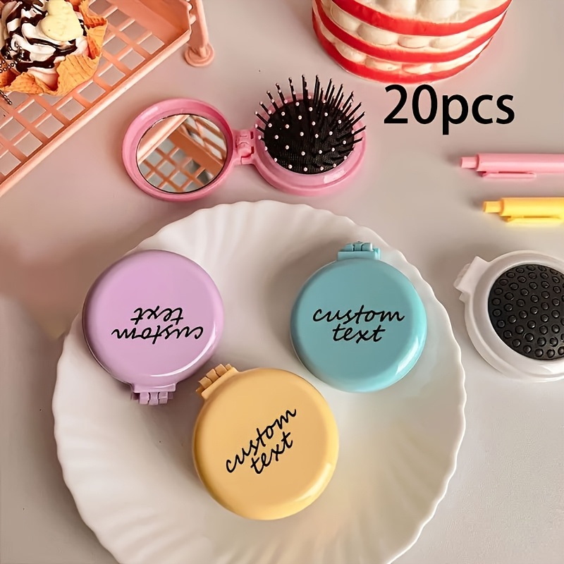 TEMU 20 piezas de mini espejos plegables y peines adorables - Grabados con , logos, aniversarios, cepillos de pelo portátiles con imágenes de