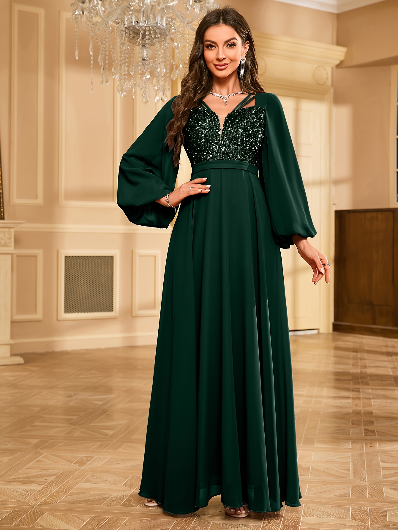 green emerald velvet dress Long Sleeves Square Neckline High Slit Column Formal Dresses ,CP0456 US14 / As Pic