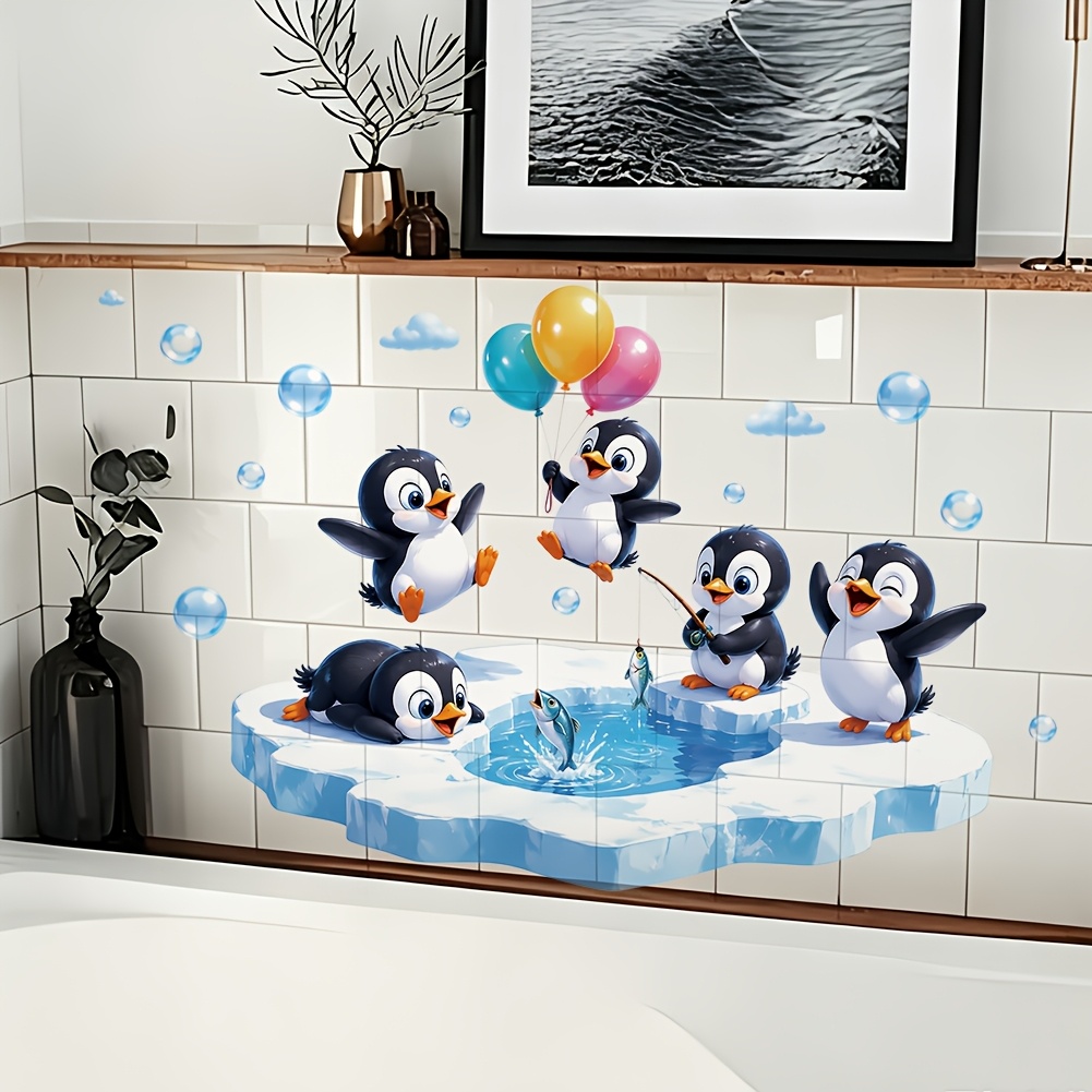 TEMU 1pc Cute Penguin Playing In Water And Fishing Bathroom Toilet Themed Wall Sticker, Suitable For Children's Room, Bedroom, Living Room Background
