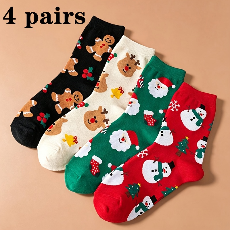 TEMU 4 Pairs Mixed Colors Christmas Crew Socks For Women, Cute Cartoon Santa Snowman Reindeer Gingerbread Pattern, Preppy Casual Socks, Holiday Gift,