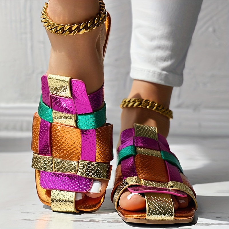 women s colorful woven slide sandals flat summer slides details 2