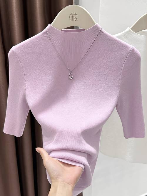 womens elegant chinese stand collar semi half sleeve blouse fit pullover shirt medium stretch solid color top for spring autumn layering machine washable h silhouette no padding