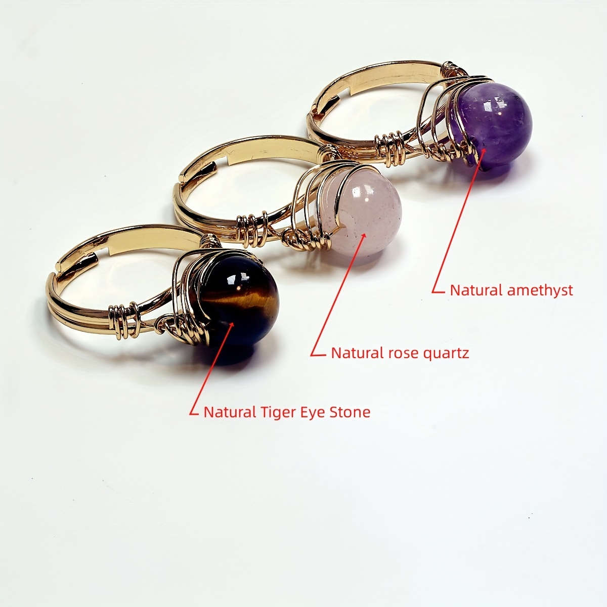 

1pc Adjustable Amethyst & Tiger Eye Crystal Ring - Fashionable Golden-tone Band Stone Beads, Jewelry Gift For Valentine's Day & Holidays