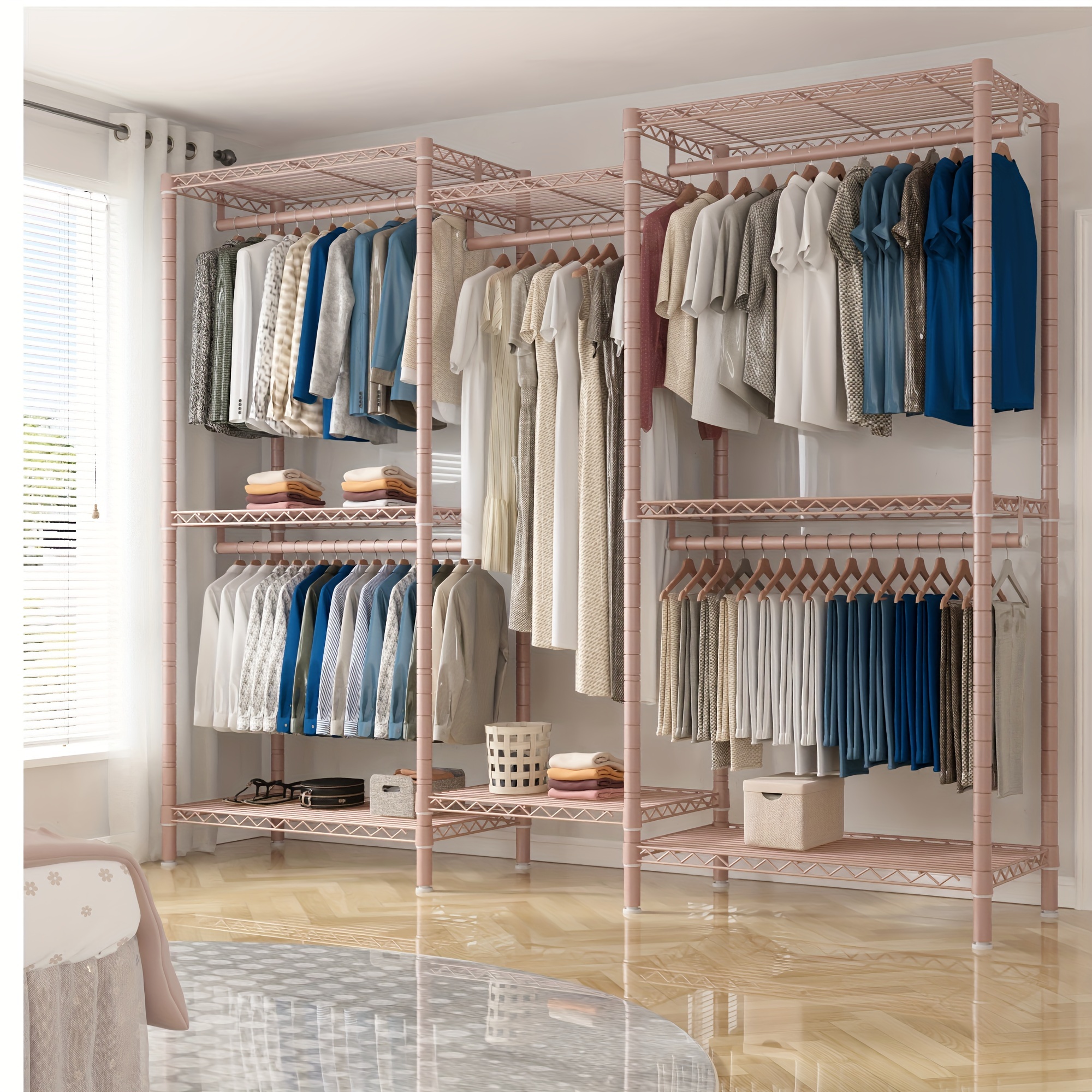 

Pink Clothes Rack, Heavy Duty Clothing Racks For Hanging Clothes 835lbs, Metal Freestanding Closet, Clothing Rack Heavy Duty Garment Rack, Sturdy Clothes Rack, 77.1" H*75.1" W*17.9" D, Pink