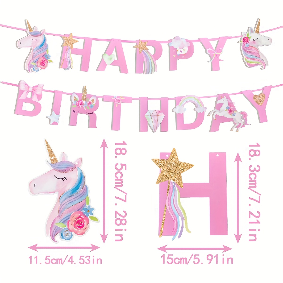 Image of Pink Unicorn Birthday Banner With Happy Birthday Letters - Magical Party Decorations, Large Letter Room, & Entrance Door - Easy-to-hang Paper Garland Flag 1st Birthday Party Supplies
