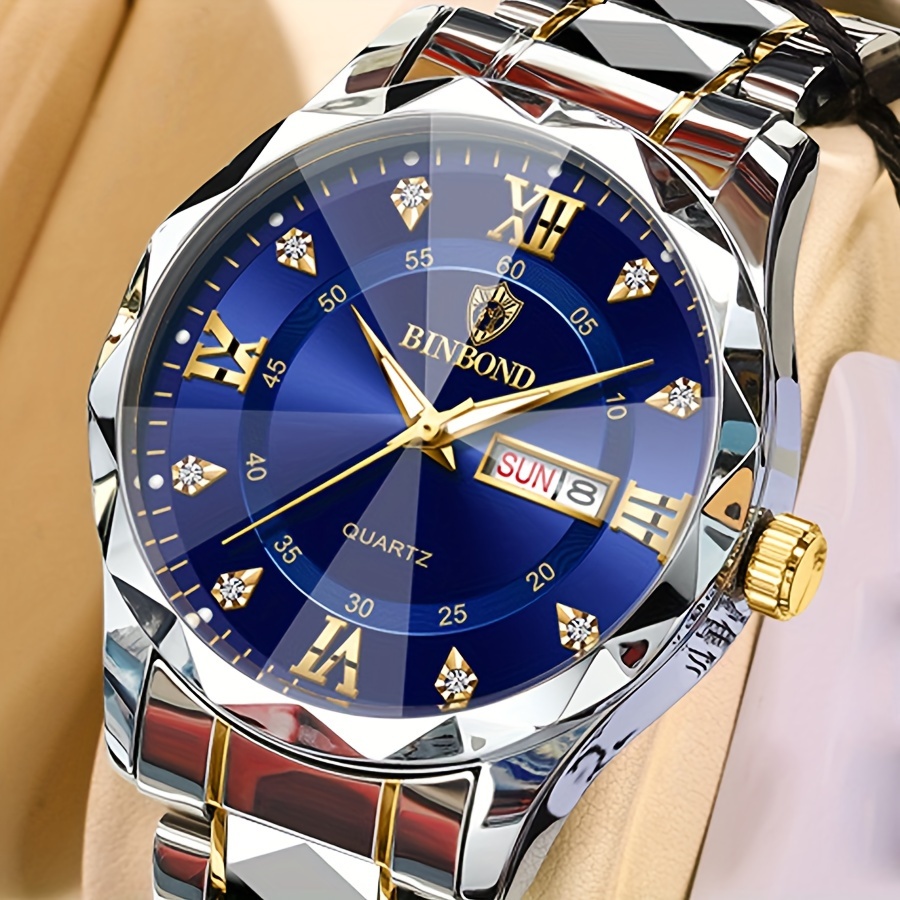 1pc Binbond Men's Business Watch, Stainless Steel Quartz Movement, Round Zinc Alloy Case, Luminous Dual Calendar, Battery Powered with Electronic Drive