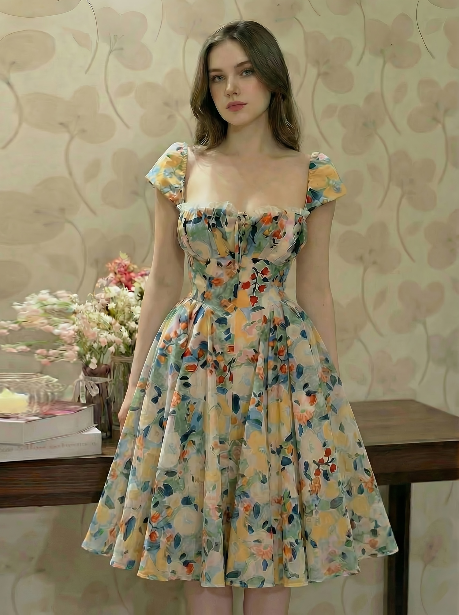 brown embroidered rose dress temu Abi Lurex Chiffon Midi Dress in Multi Cara Stripe Black main image 0