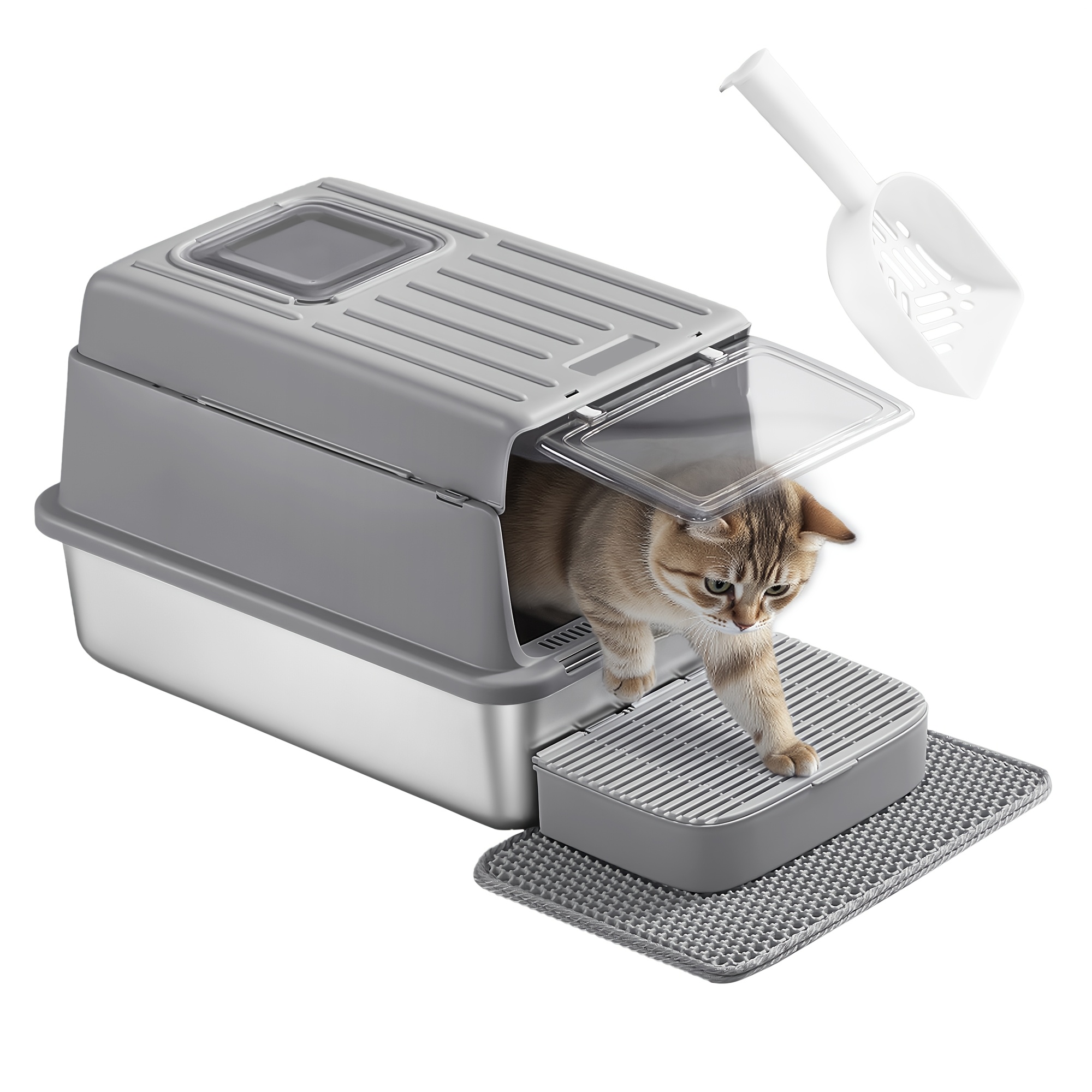 Stainless Steel Cat Litter Box, Cat Toilet With Pp Plastic Lid, With Shovel, Cat Litter Mat And 2 Entrances, To Isolate Odors, Made Of Stainless Steel, Easy To Clean