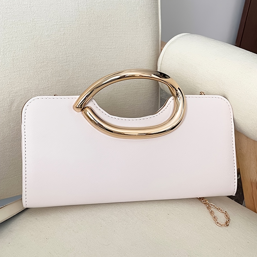 Elegant Metallic Handbag with Oval Metal Handle and Chain Strap