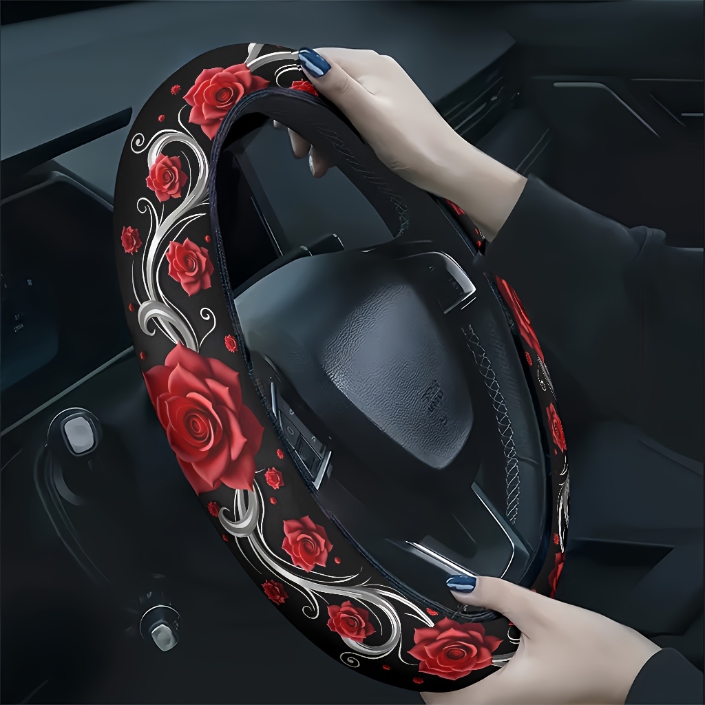 TEMU 1pc Red Thread Decorative Border Car Steering Wheel Cover, Soft And Breathable Texture, Hand Fatigue, , Fashionable Car Interior Accessory, A