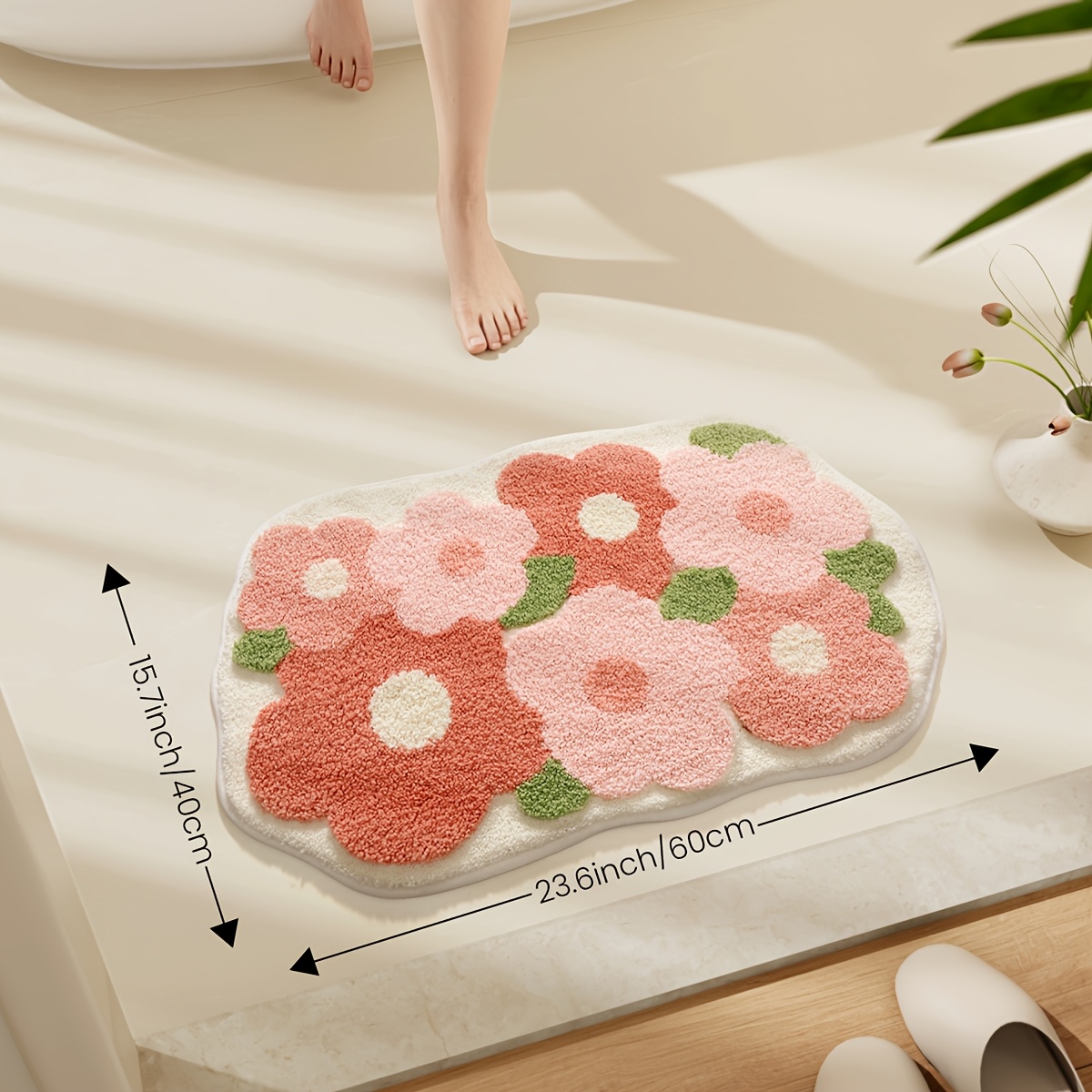 TEMU 1pc Fluffy Bath Rug Floral Bathroom Mat, Absorbent Premium Bathroom Rug, Non-slip Comfortable Bathroom Mat For Bathroom Floor, Sink, Bathtub,