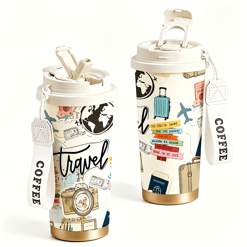 1pc 18oz Stainless Steel Insulated Tumbler, Travel-Themed * Hand-Painted *  Print, Coffee Cup, Water Bottle, Travel Mug * Cup, Birthday Gift,  Graduation Season Gift, Teacher's Day Gift, Suitable for ...