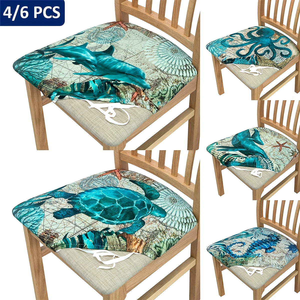 

Classic Ocean-themed Chair Covers With Elastic Band, Set Of 4/6, Machine Washable Polyester And Spandex Stretch Seat Slipcovers For Dining Room - Turtle, Dolphin, Octopus, Shark, Seahorse Print