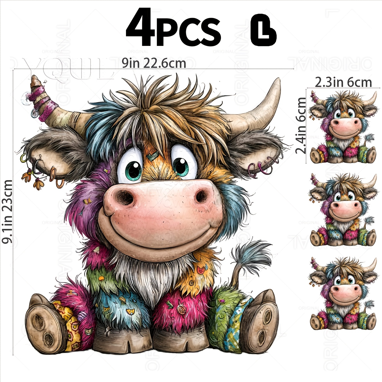 TEMU 4pcs Multicolor Highland Cow Heat Transfer Stickers, Cute Bohemian Style Little Cow Dtf Prints, Fun Farmhouse Washable Patches For T-shirts,
