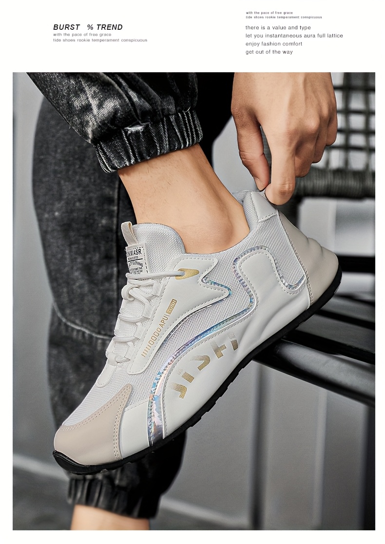 Tenis elegantes para hombre en blanco y dorado - Zapatos transpirables y cómodos para caminar con absorción de impactos, suela de PVC duradera y cierre de agujetas, ideales para uso casual, correr y actividades al aire libre, calzado casual | Tenis con agujetas elegantes | Zapatos cómodos para caminar