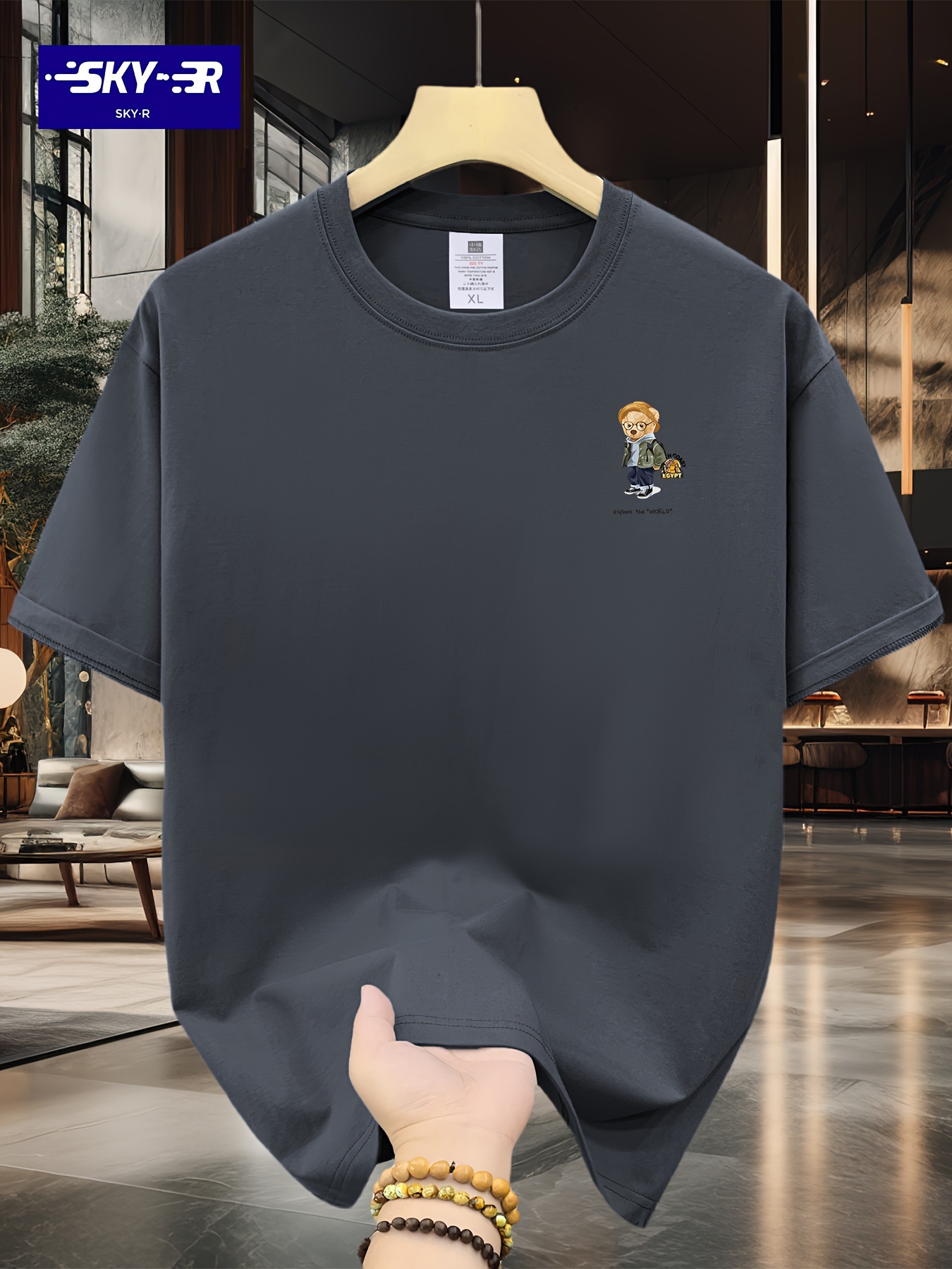 SKY?R Brand Cartoon Print Casual Summer Crew Neck Short Sleeve Drop Shoulder Loose Fit Cotton T-Shirt