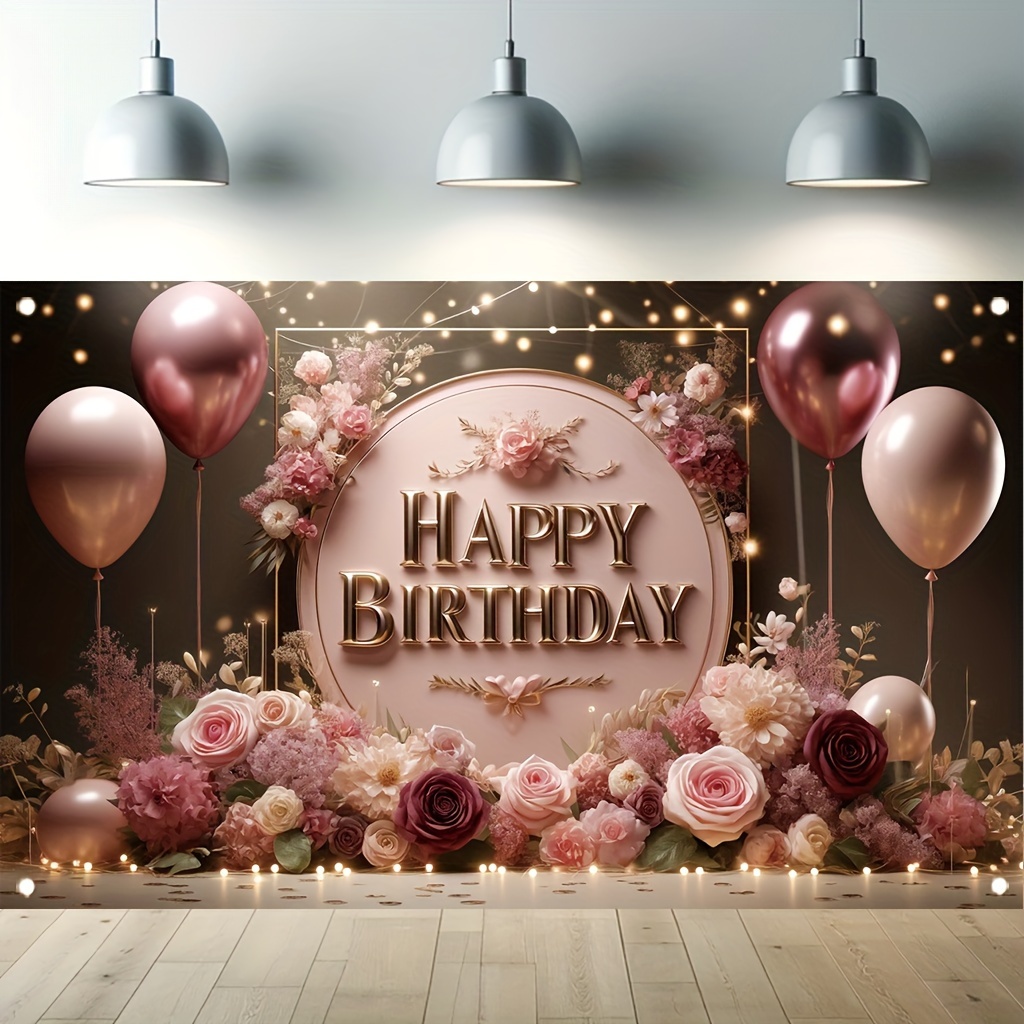 TEMU Elegant Polyester Happy Birthday Banner - 70.8x43.3 Inches, Outdoor & Home Decor, Garden Party Backdrop With Balloons And Flowers, No Power Needed