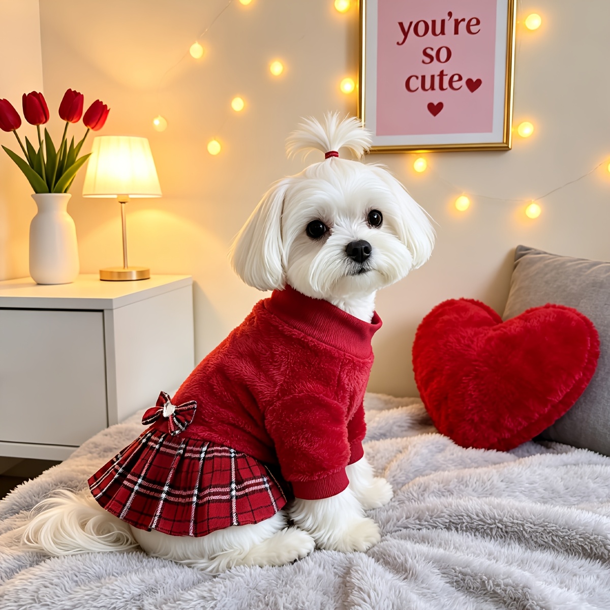 TEMU Cute Dog Sweatshirt Dress With Skirt, Stretch Fleece, Elegant Warm Winter Pet Clothes For Small Dogs Puppy For Chihuahua Yorkies Havanese