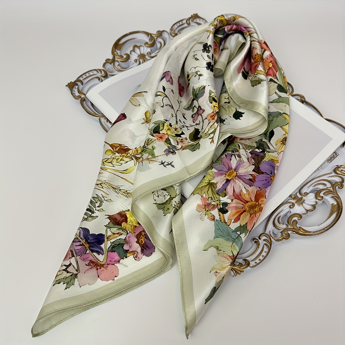 Women's Elegant Floral Print 100% Mulberry Silk Scarf - Soft Breathable Lightweight Non-Stretch Neck Wrap for Spring Summer Casual Outings, Versatile Fashion Accessory, Silk Scarf for Hair