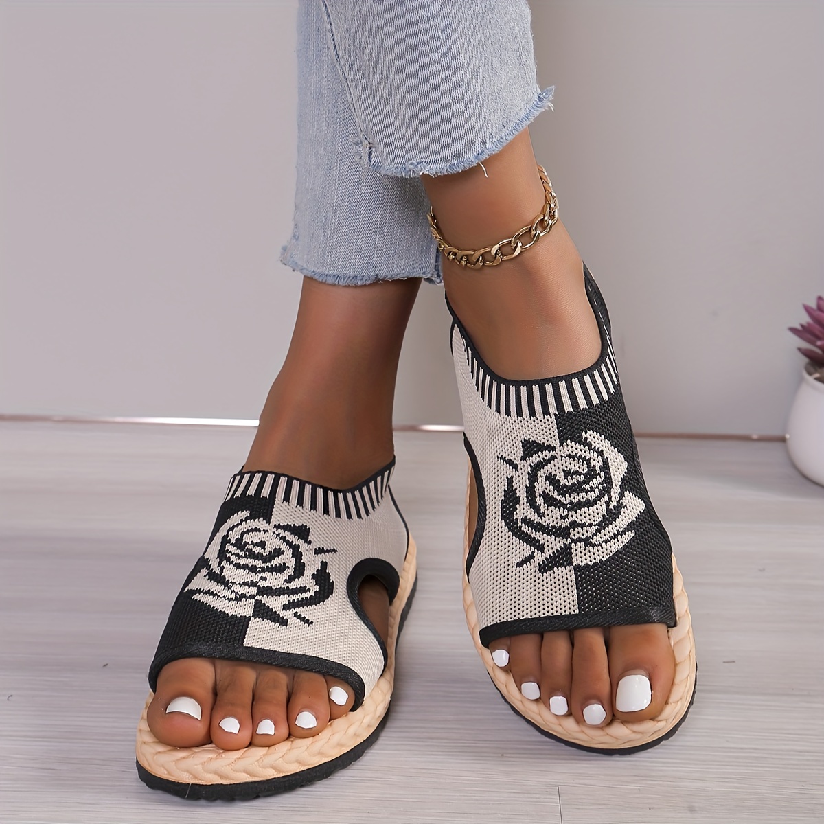 

Women's Flower Pattern Sandals, Casual Open Toe Flat Summer Shoes, Lightweight Slip On Sandals