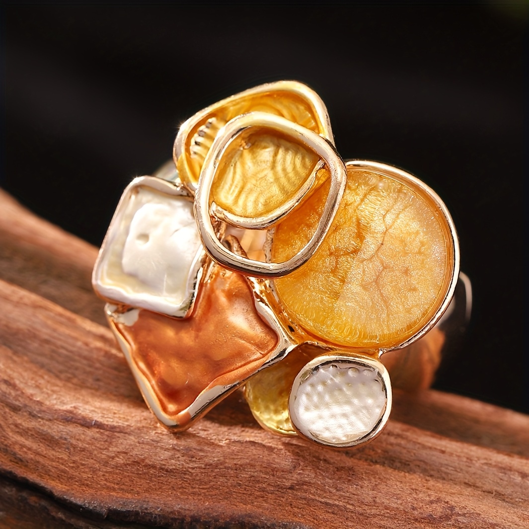 TEMU 1pc Geometric Stretchable Adjustable Ring - Retro Bohemian Colorful Enamel Alloy Unisex Jewelry For Daily Wear, Parties & Banquets - Unique Gift