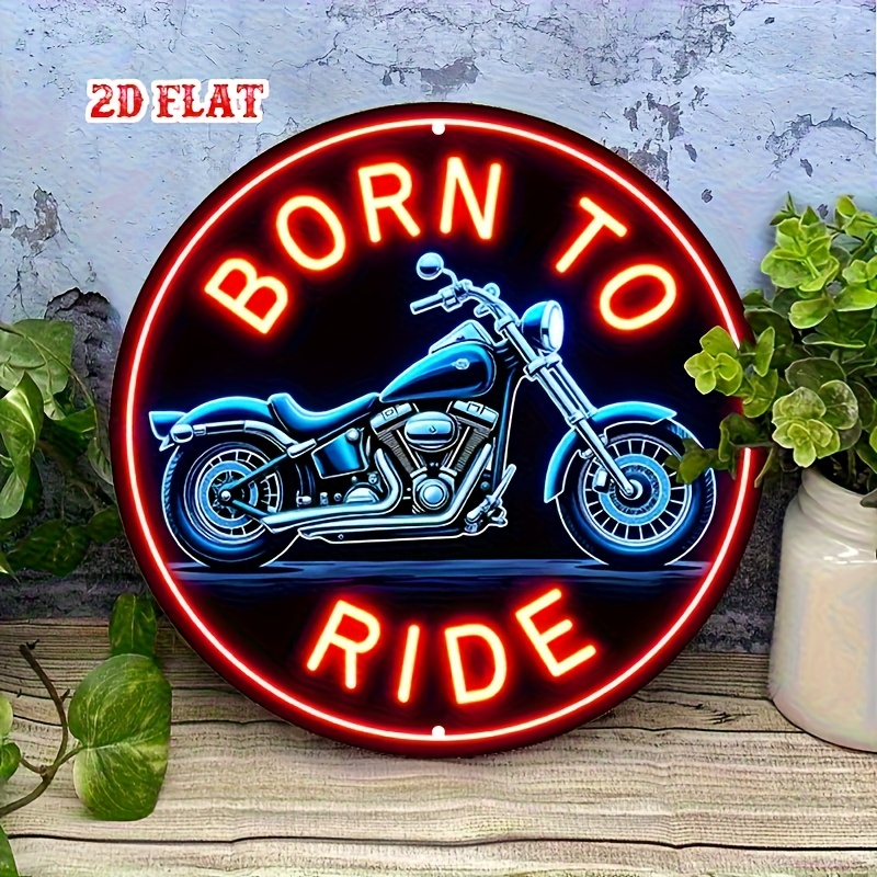 TEMU 2d Flat, Retro-style Motorcycle Neon Sign - Vintage Wall Art, 7.8x7.8 Inches, Wooden, Circular Layout, Classic Font, Blue And Red Neon Lights,