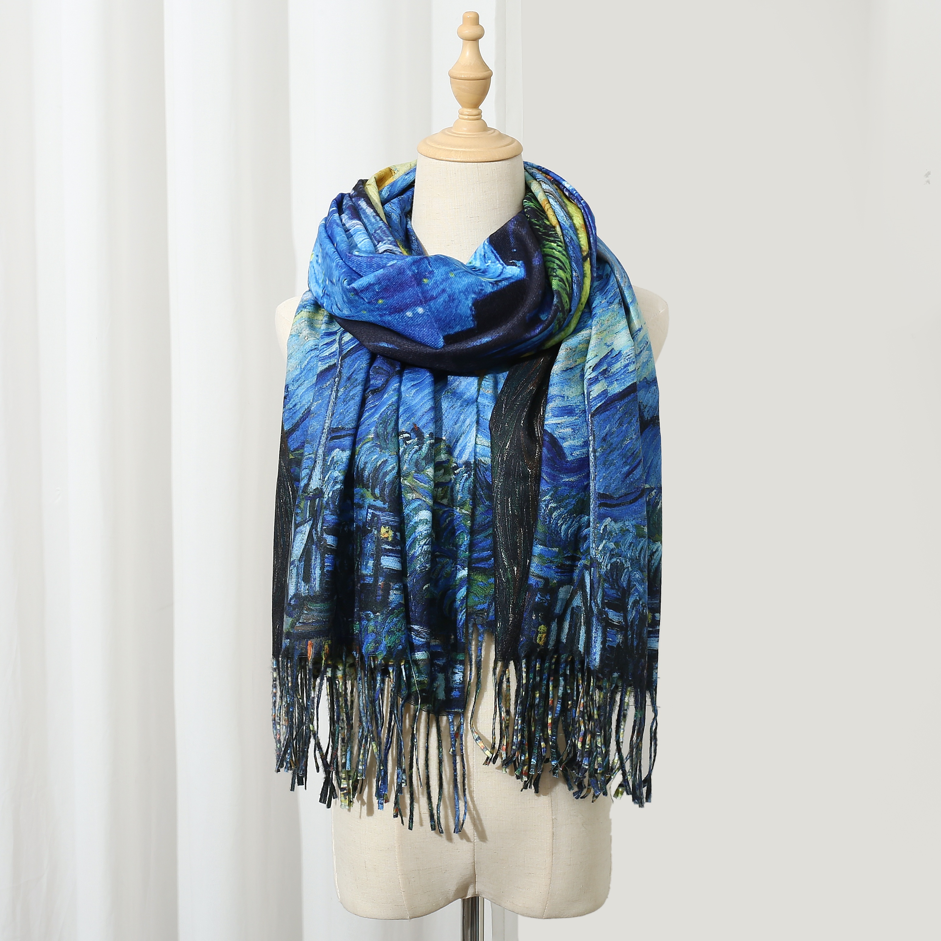 

Elegant Starry Night Oil Painting Print Scarf - Soft Imitation Cashmere, Warm & Windproof Tassel Shawl For Women - Perfect Autumn/winter Accessory