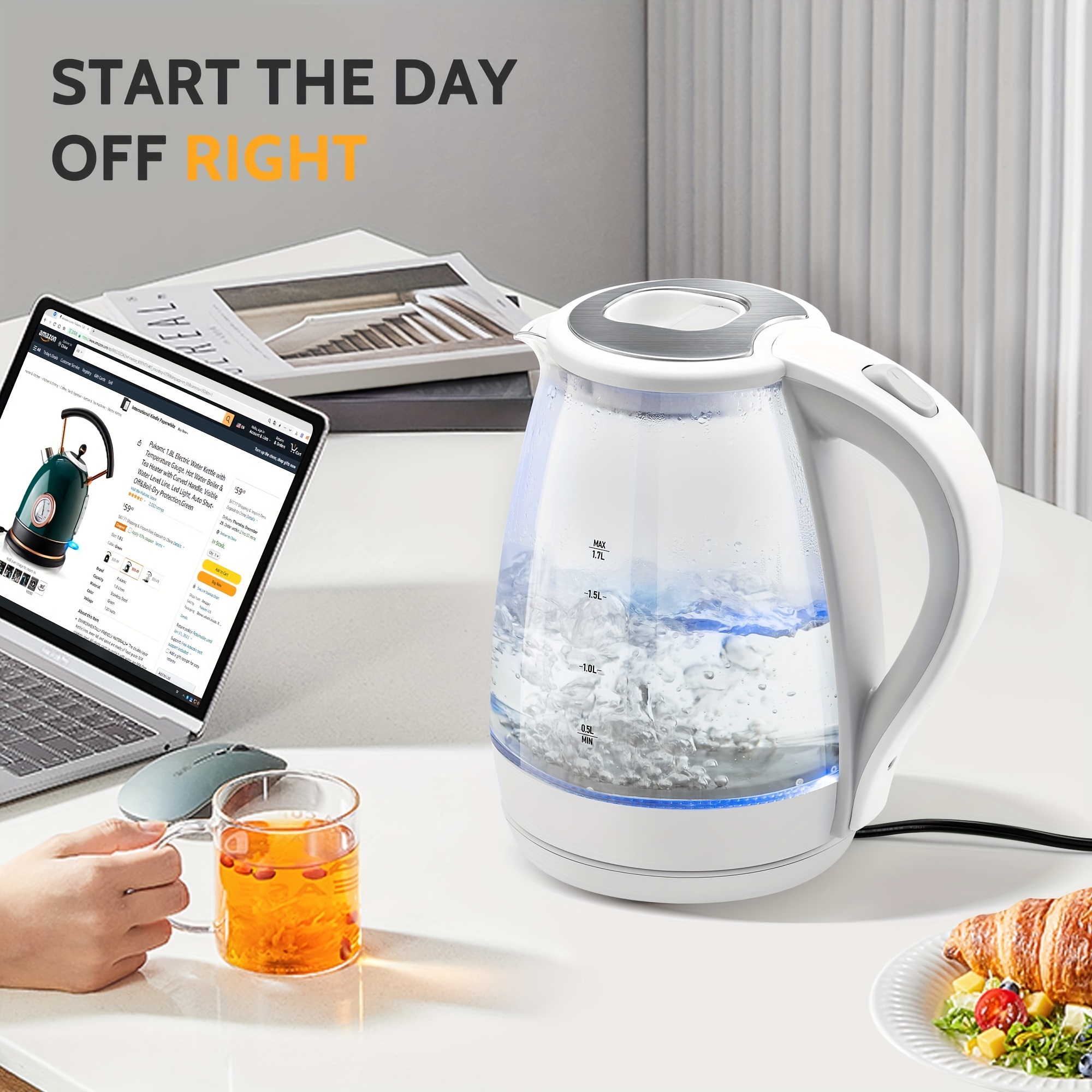 

Susteas Electric Kettle - 1.7l Hot Water Boiler - Glass Tea Kettle With Wide Opening And Led Indicator, Auto Shut-off And Boil-dry Protection