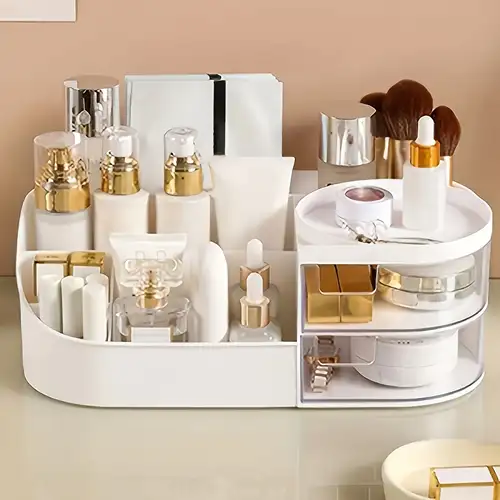 JWCN Bagno Vanity Specchio Egg Shape Forma Trucco Organizzatore Di Trucco 3 Cassetti Cassetta Di Immagazzinaggio Cosmetico Organizzatore Del Desktop Con Specchio A LED Semplicità Per Il Bagno Dresser