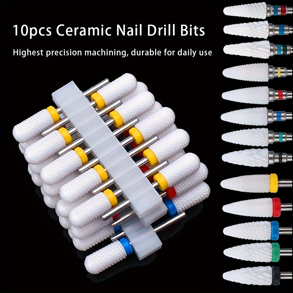 

10pcs Ceramic Nail Drill Bits Set, Electric Manicure & Pedicure Milling Cutter, For Nail Polishing Machine, Professional Nail Art Accessories