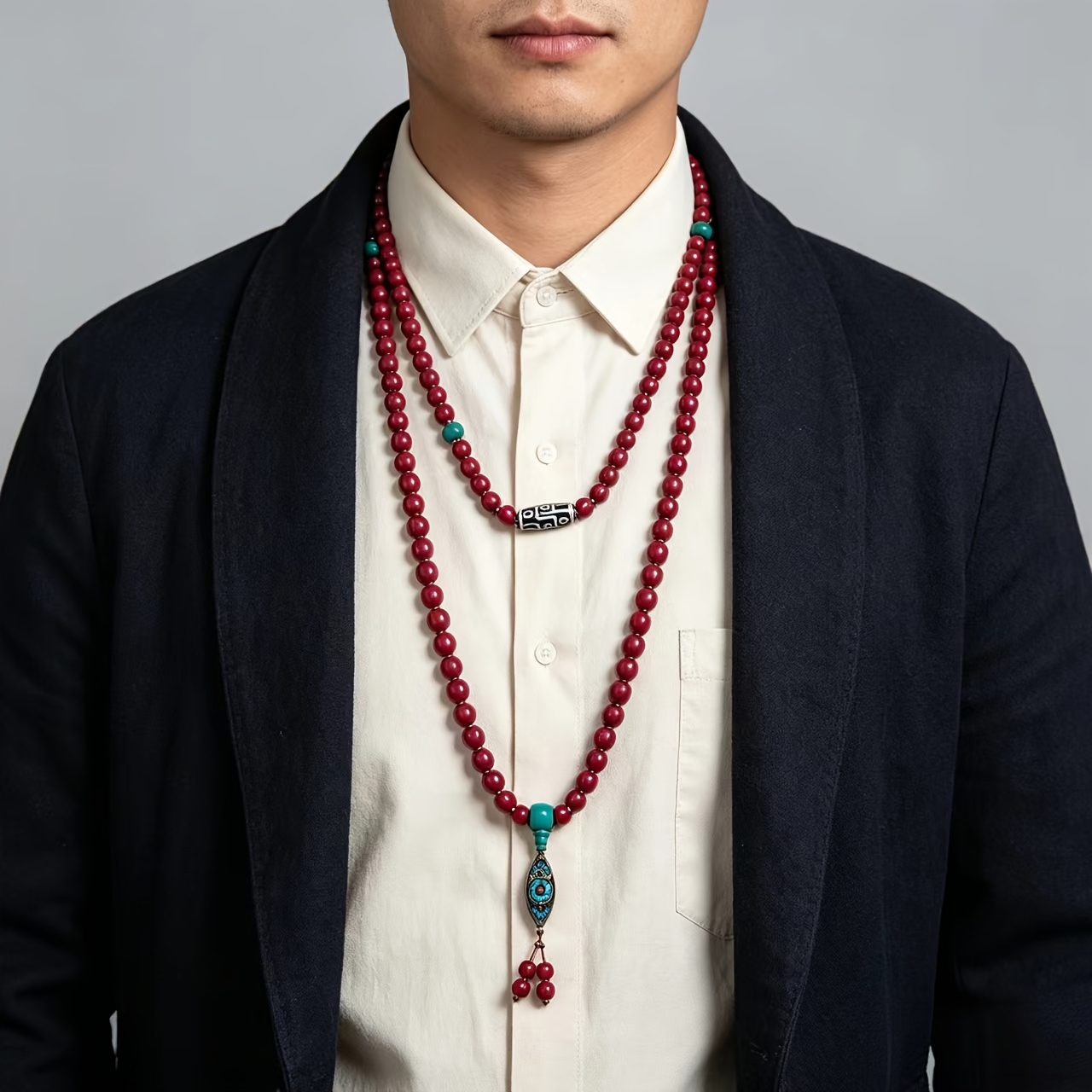 Tibetan Snow Buddha Agate Bead Necklace, Unique Gift