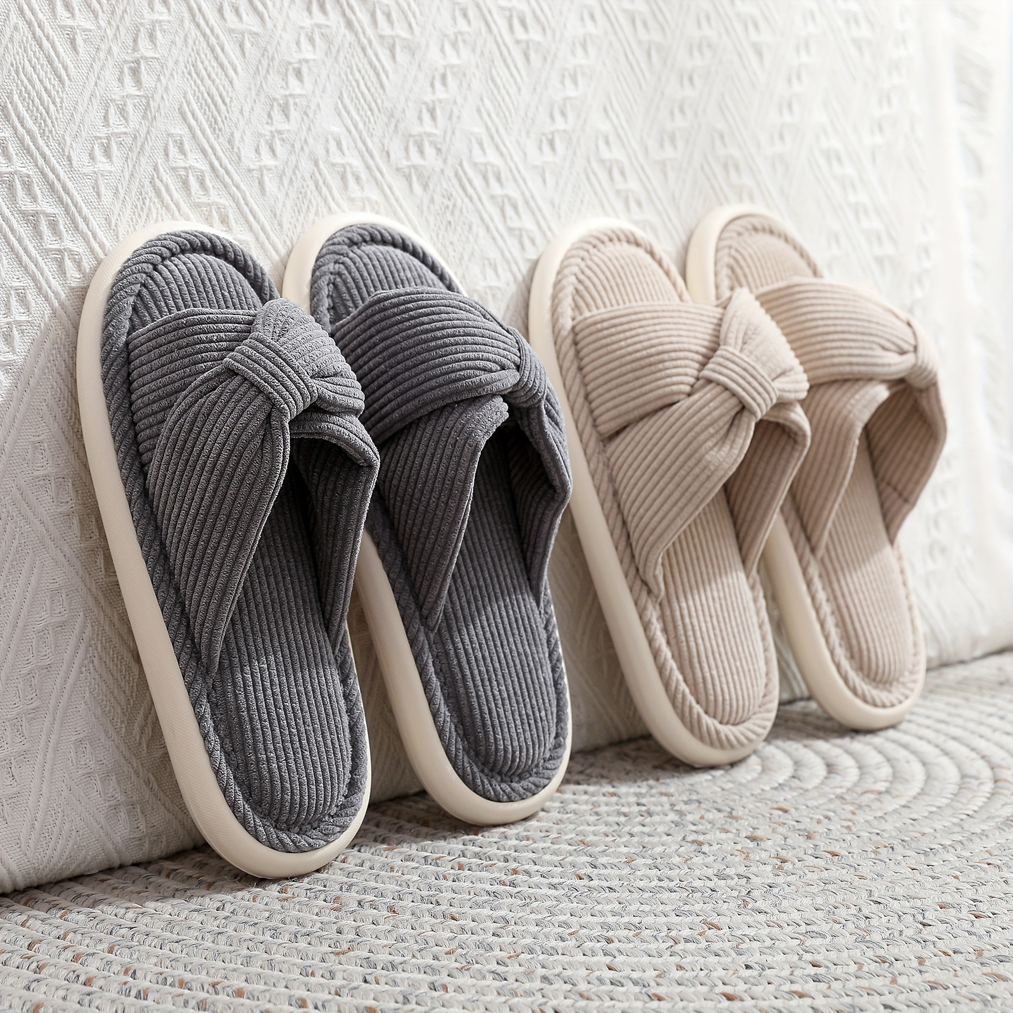 

| Cozy Japanese-inspired Open-toe Couple's Slippers - Soft, Non-slip Sole Indoor Footwear For All , In Gray And With Bow Detail, Nonslip Slippers|bowknot Detail|eva Sole Slippers, House Slippers