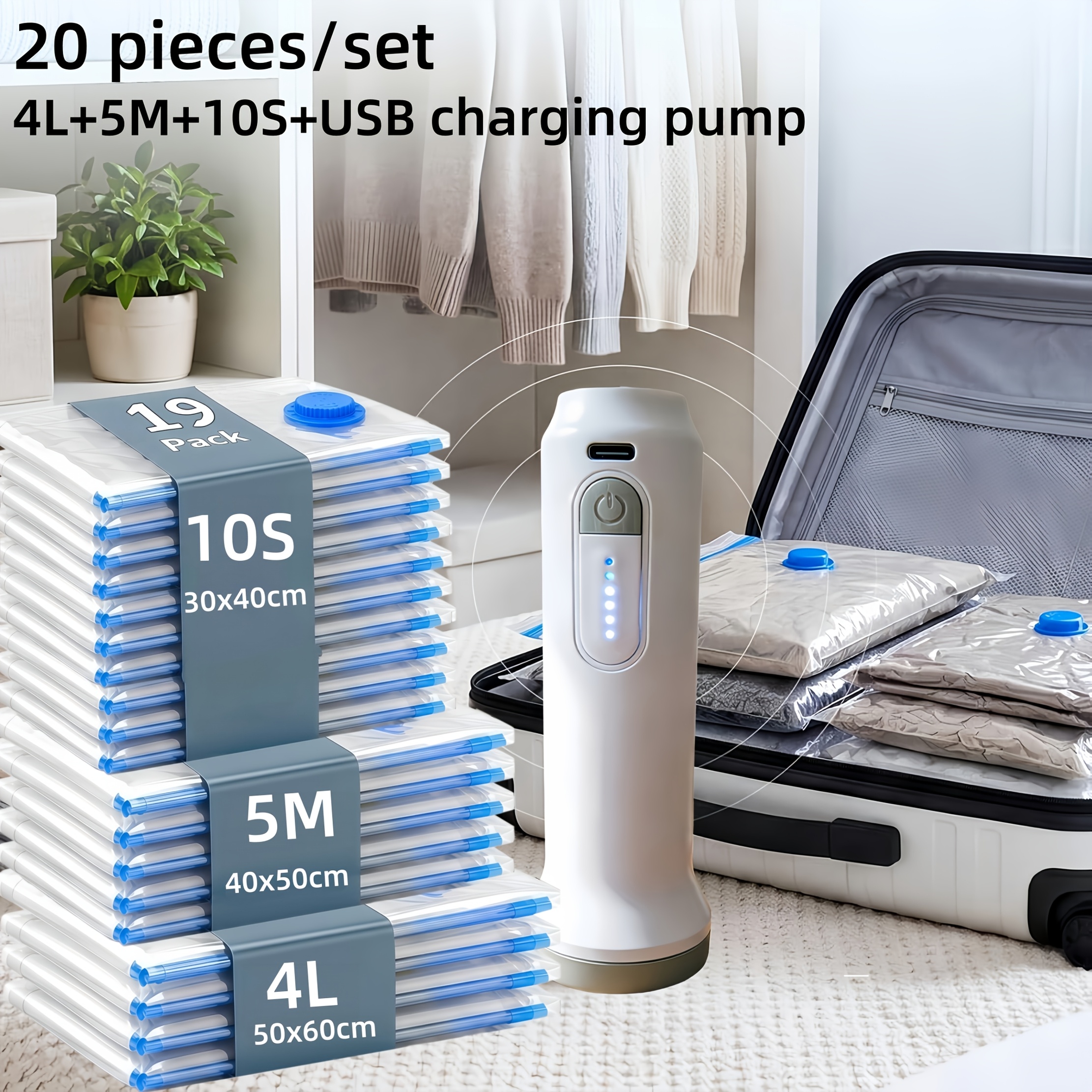 TEMU Lot de 20 sacs de rangement sous vide de tailles variées + Pompe à air électrique USB avec câble de charge, batterie 1500 mAh, portable et