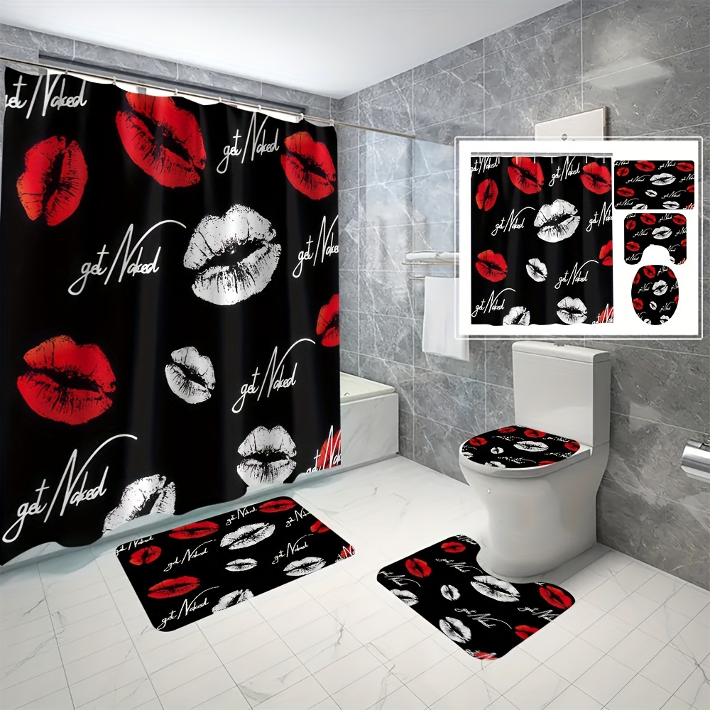 

4pcs Black And Red Lip Print Bathroom Curtains, Digital 3d Printing, Waterproof And Mildew Proof Shower Curtain Set, Bathroom Curtains Without Punching Shower Curtains