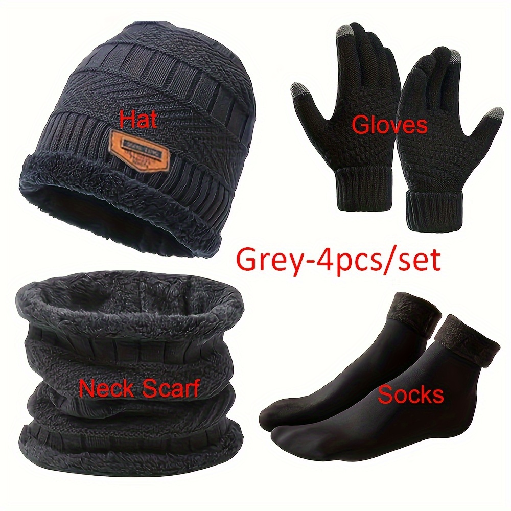 TEMU 4pcs Winter Set: Knit Beanie, Neck Warmer, Touchscreen Gloves & Socks, Fleece For Cycling & Outdoor Activities, Black