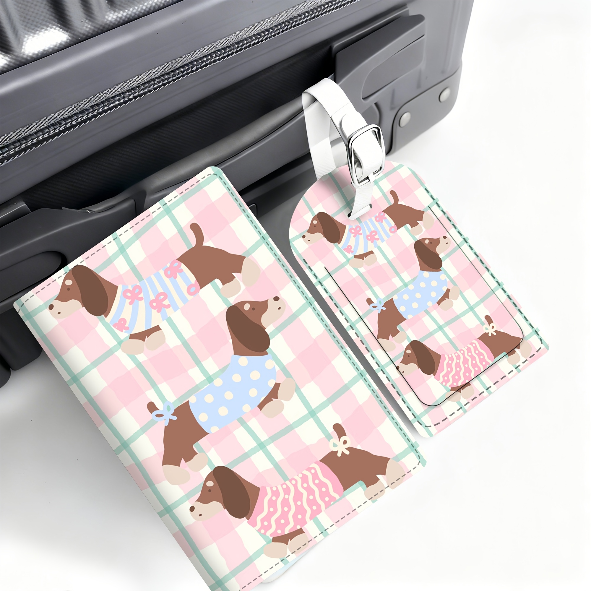 TEMU 2pcs Set Dachshund Passport Holder Luggage Tag, Lightweight Pu Material, Suitable For Travel Bags, Backpacks, Gym Bags, Luggage Id, Boarding