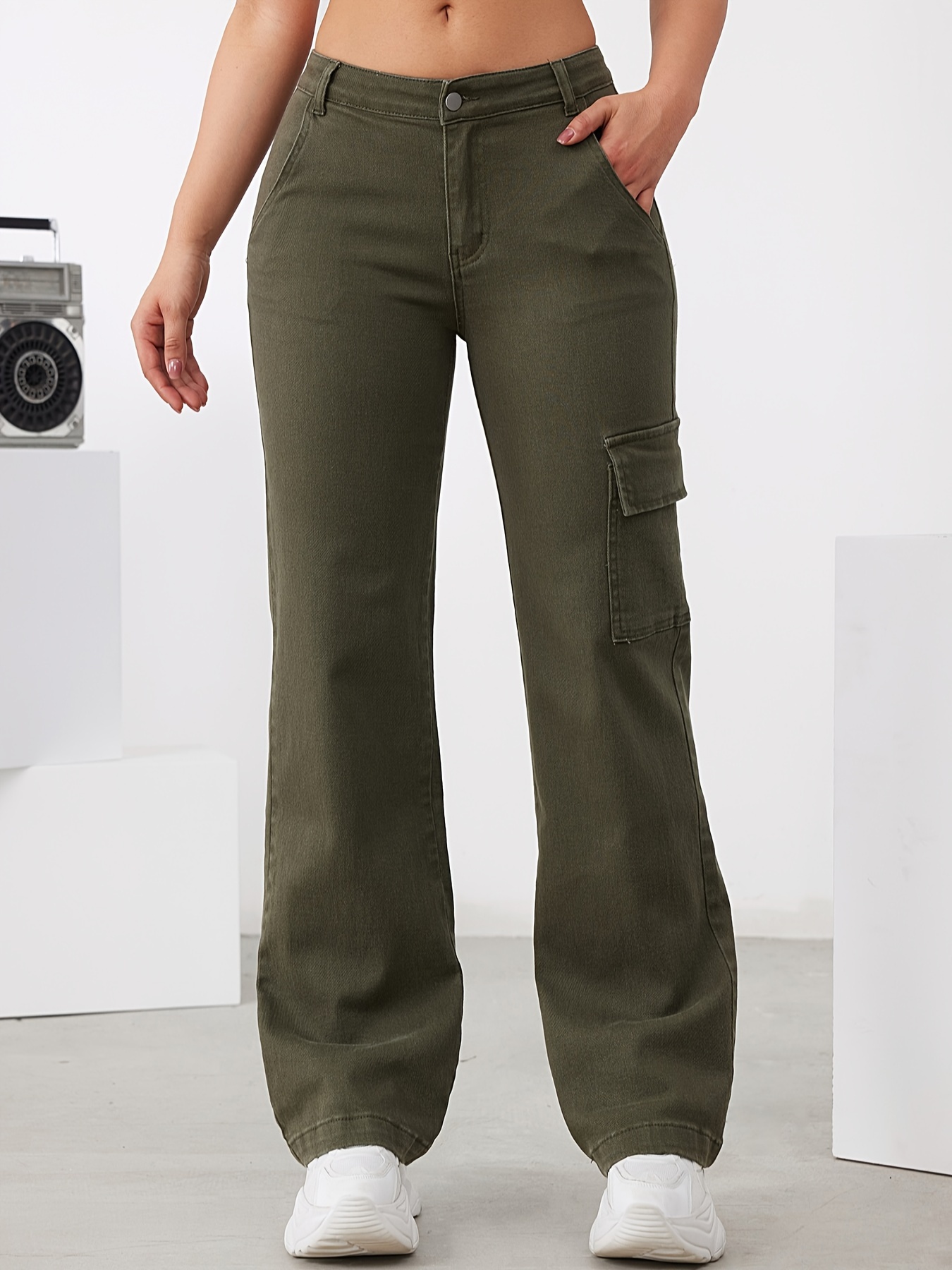 Plain Army Green Side Flap Pockets Cargo Jeans High - Temu