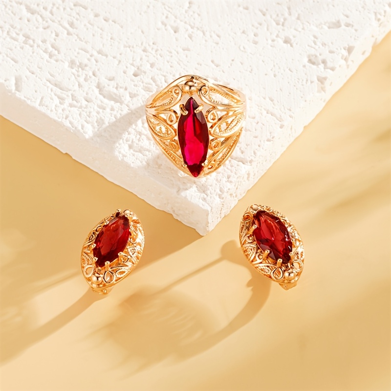 TEMU Elegant Rose Golden Cubic Zirconia Earrings & Ring Set - Intricate Design, , Gifts, And Weddings, Wedding Jewelry|vintageinspired Style| , Earrings For Weddings