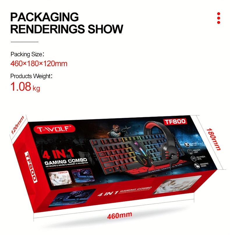 T-WOLF TF800 Four-piece Gaming Combo 104 Keys Keyboard 4-color Breathing Light Mouse 3.5mm Gaming Headset Anti-slip Mouse Pad