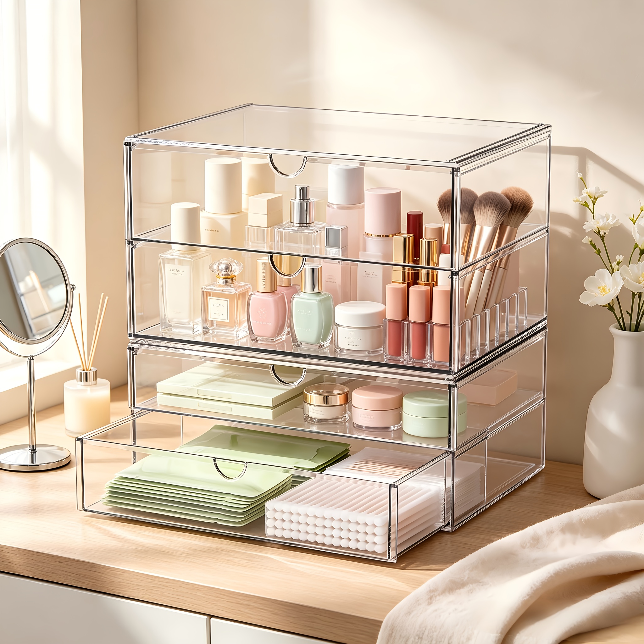 Large Makeup Storage Box With 4 Wide Drawers: 2pcs Acrylic Storage Box Set With Non-slip Pads | Stackable Drawer Boxes, Suitable For Vanity, Bedroom, And Bathroom