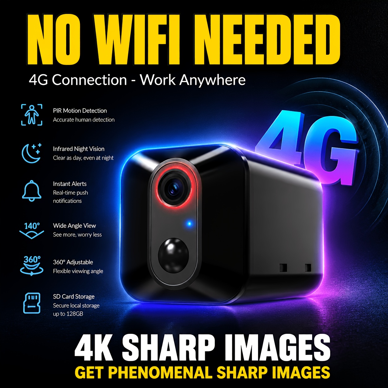 TEMU 4k, Security Camera, 4g Lte Camera, Wireless Camera With Infrared Night Vision, Rechargeable Battery, Intelligent Pir Human Detection, , For