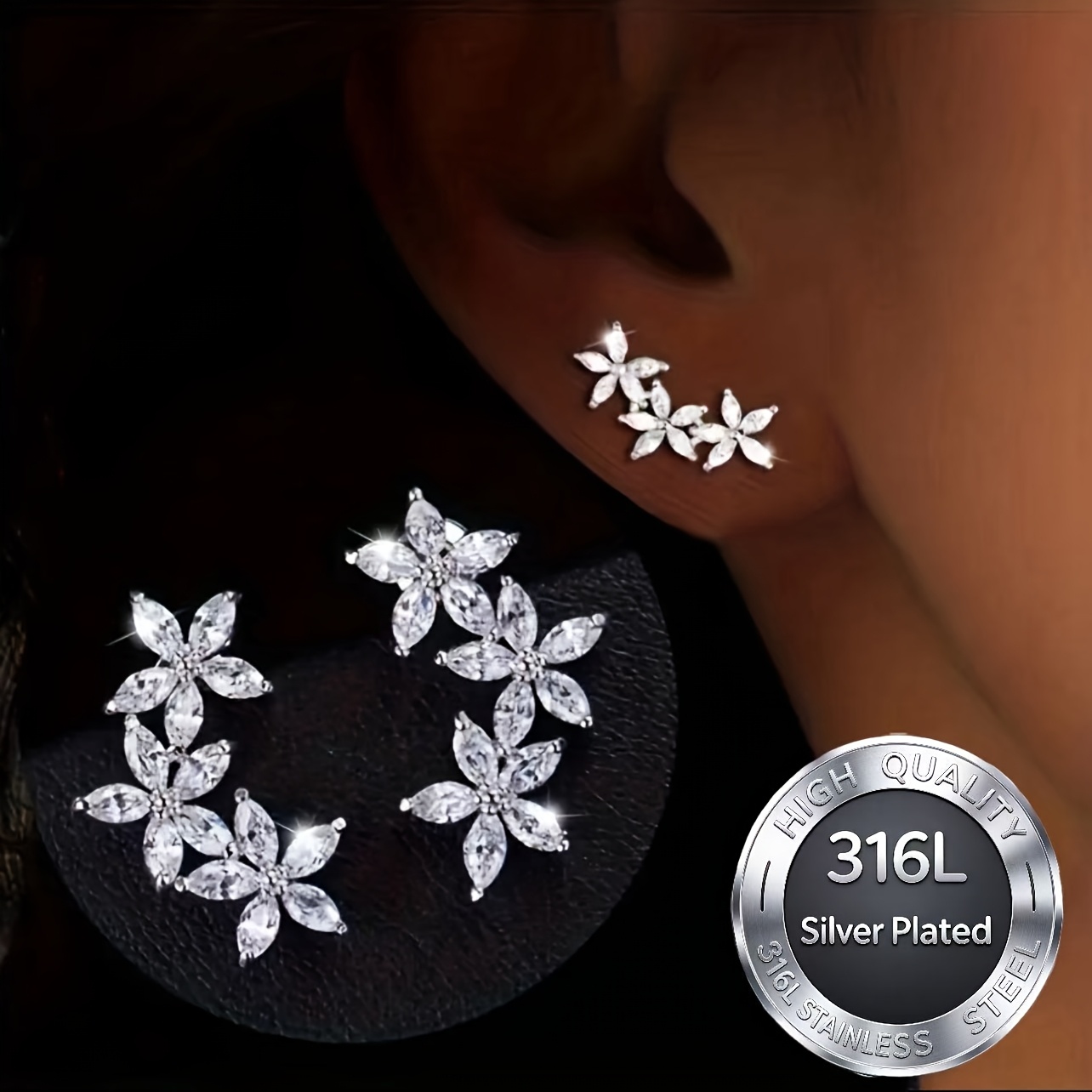 TEMU 1 Pair Silvery Plated High-quality 316l Stainless Steel 5-petal Flower Stud Earrings, Jewelry Design, Suitable For - Perfect Gift For Holidays,