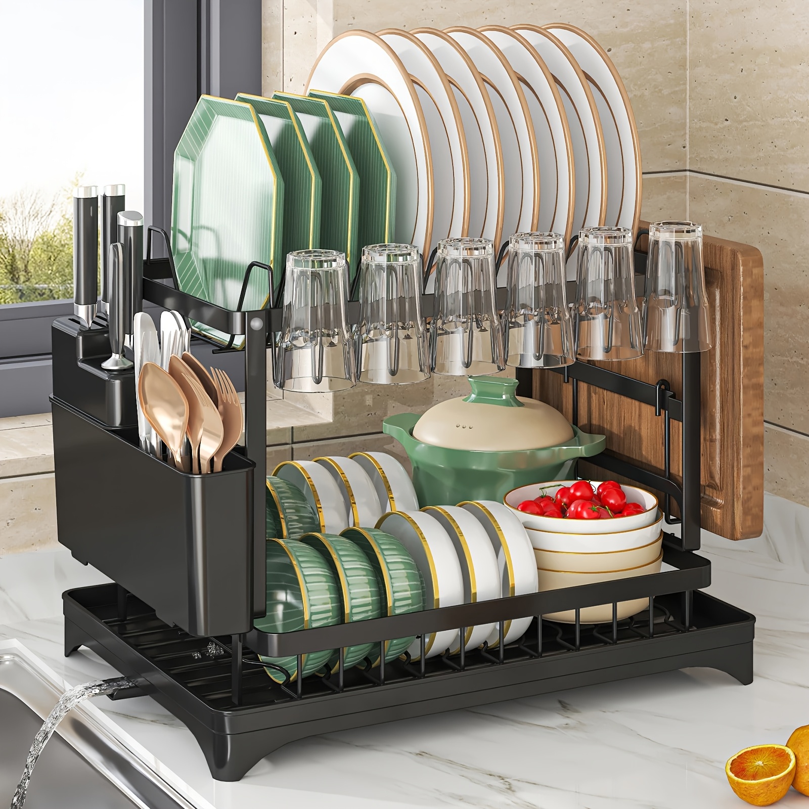 2 tier   drainer rack stainless steel drying rack kitchen drainers draining board with drip tray rust proof large washing up sink