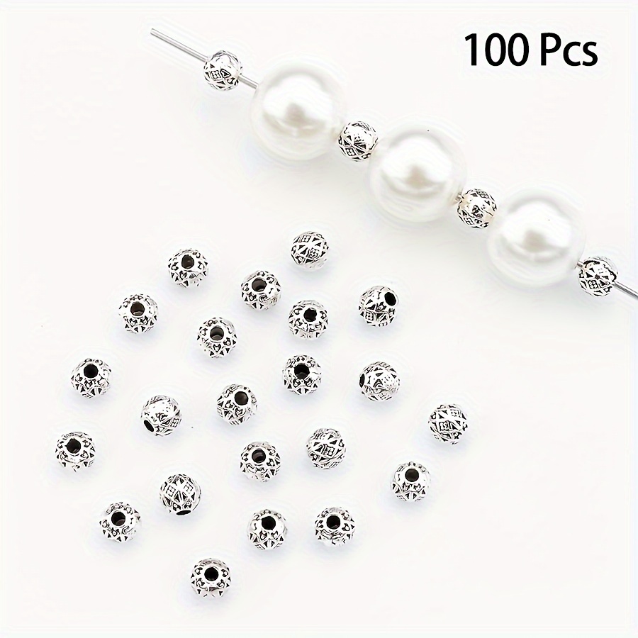 Image of 100pcs Antique Silvery Finish 4mm Alloy Round Spacer Beads With Floral Pattern, Textured Metal Decorative Beads For Making, Necklaces, Earrings Crafting -