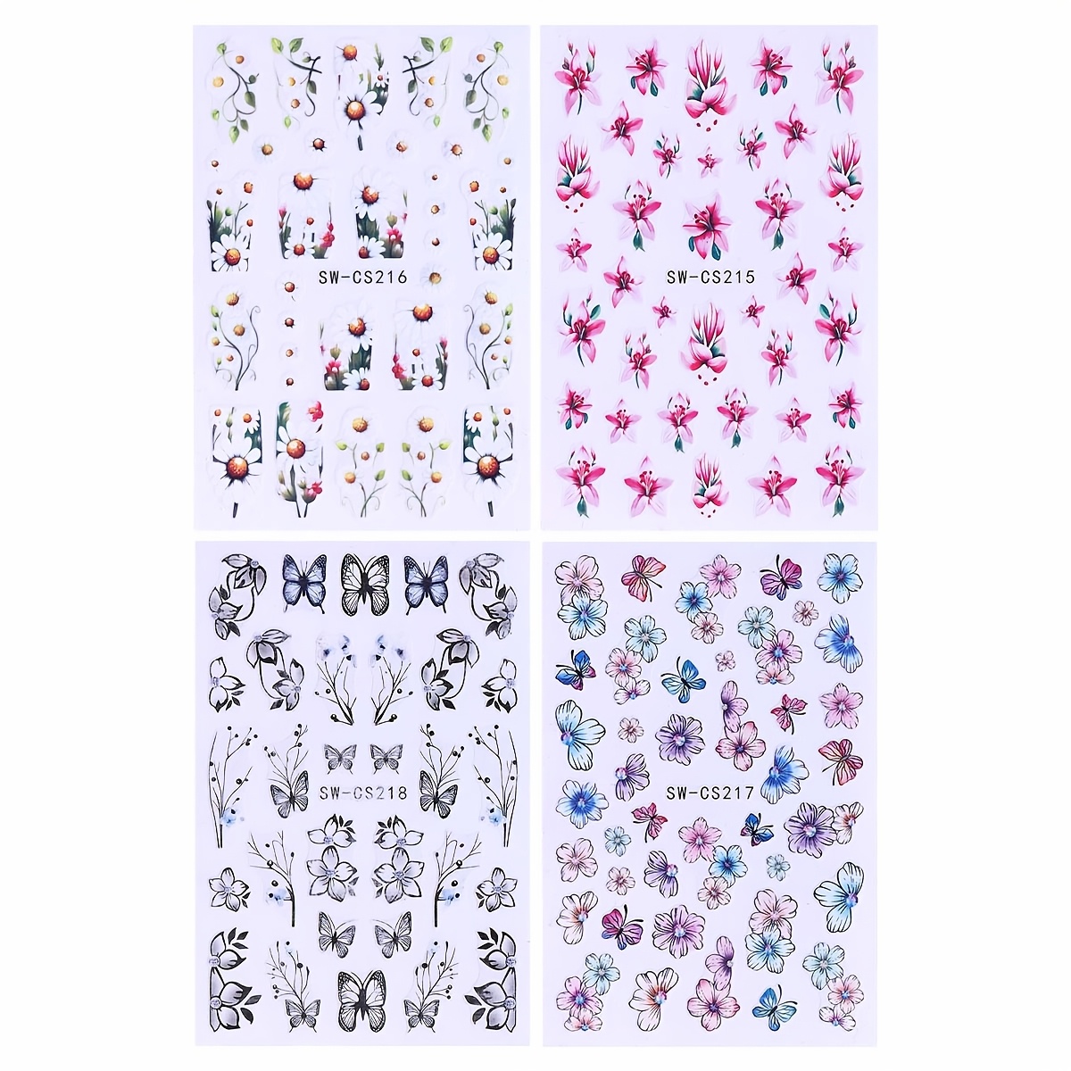 4 Sheets Of Floral Nail Stickers Sw-cs215-218