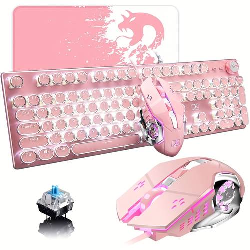 shark pink typewriter keyboard and mouse retro vintage mechanical gaming keyboard with white led backlit 104 keys anti blue switch wired cute keyboard round keycaps for desktop pc laptop