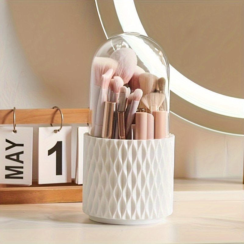 360 rotating makeup brush holder with transparent dome lid dustproof waterproof white hexagonal organizer   countertop storage for brushes skincare products durable plastic vanity organizer with 360 spin no power required bathroom dressing table organizer Product details 1