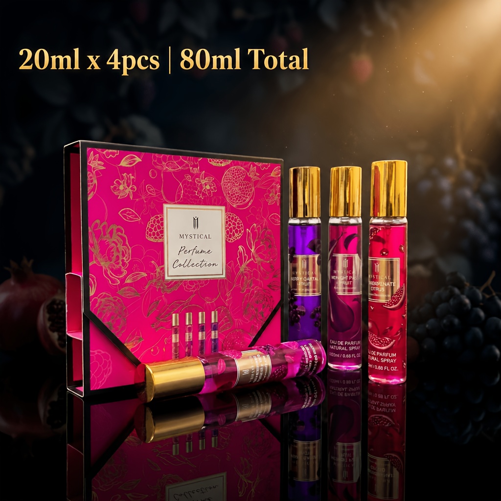 TEMU Mystical 4pcs Berry & Fruit Perfume Set, Long Lasting Edp Kit For Cocktail Parties, Vacations & Daily Wear, Raspberry Rose, Pomegranate Citrus &