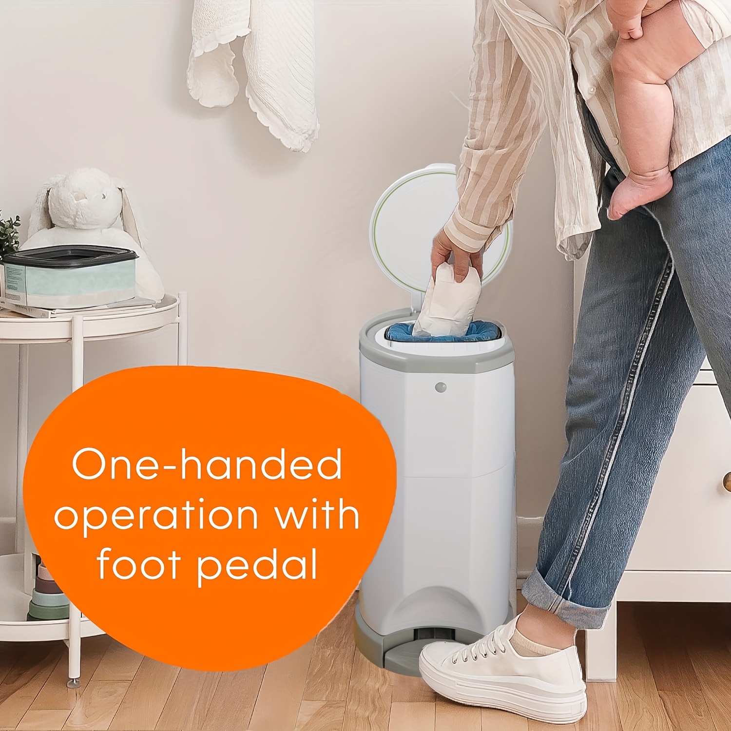 White Diaper Pail with Foot Pedal & One-Hand Operation - 20-Second Bag Change, Includes Disposable Bags, Compact Design for Home or Bedroom, Diaper Pail for, Essentials, Modern Diaper Pail, Easyaccess Lid